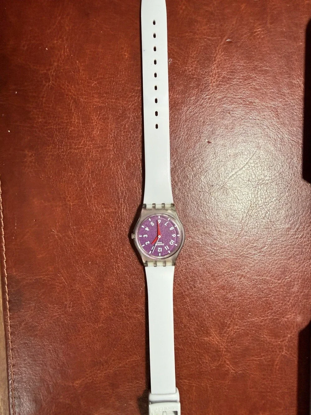 Swatch Swiss Quartz Watch Purple Dial White Strap Clear Case Y2K Needs Battery